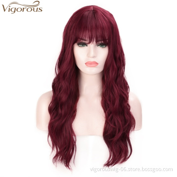 Vigorous Wine Red Long Wigs with Bangs Water Wave Synthetic Wig High Temperature Purple Brown Black Pink Cosplay Wig